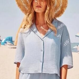 NWT Andie The Margarita Shirt Short Sleeve Button-Up Mist Blue Women's Size XXL